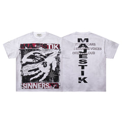 MAJESTIK Off‑White Washed Vintage Hand Graphic Double‑Sided Band‑Style T‑Shirt