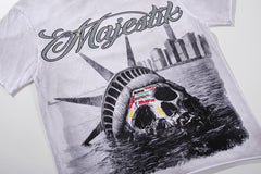 MAJESTIK Off‑White Washed Vintage Statue Of Liberty Tour Poster Double‑Sided Band‑Style T‑Shirt
