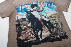 MAJESTIK Brown Washed Western Cowboy Horse Rider Vintage Graphic T‑Shirt