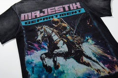 MAJESTIK Black Washed Vintage Knight‑Horse Double‑Sided Graphic Band‑Style T‑Shirt