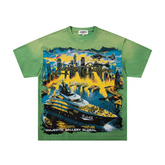 MAJESTIK Green Washed Vintage Tour Cruise City Double‑Sided Band‑Style Graphic T‑Shirt