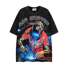 MAJESTIK Vintage Black Skeleton Robot Double‑Sided Graphic T‑Shirt