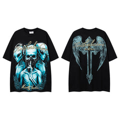 MAJESTIK Vintage Black Alien Skull Angel Sword Double‑Sided Graphic T‑Shirt