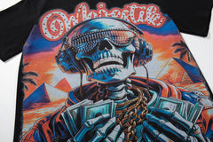 MAJESTIK Black Vintage Tropical Skull Band‑Style Graphic T‑Shirt