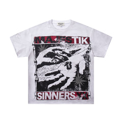 MAJESTIK Off‑White Washed Vintage Hand Graphic Double‑Sided Band‑Style T‑Shirt