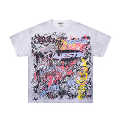 MAJESTIK Off‑White Washed Vintage Graffiti Art Collage Double‑Sided Band‑Style T‑Shirt