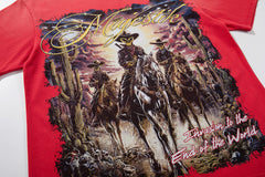 MAJESTIK Red Washed Vintage Western Cowboy Double‑Sided Graphic Band‑Style T‑Shirt
