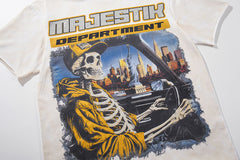 MAJESTIK Off‑White Washed Vintage Skeleton City Tour Graphic Band‑Style T‑Shirt