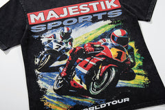 MAJESTIK Black Washed Vintage Motorcycle Racing Graphic Band‑Style T‑Shirt