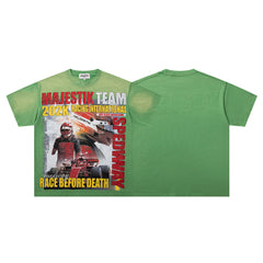 MAJESTIK Green Washed Vintage Portrait Band‑Style Graphic T‑Shirt