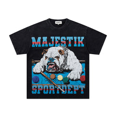 MAJESTIK Black Washed Vintage Bulldog Graphic Band‑Style T‑Shirt