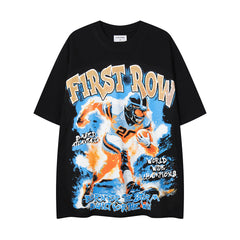 MAJESTIK Vintage Black FIRST ROW Football Player Double‑Sided Graphic T‑Shirt