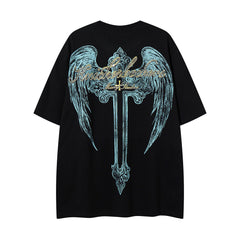 MAJESTIK Vintage Black Alien Skull Angel Sword Double‑Sided Graphic T‑Shirt