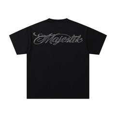MAJESTIK Black Vintage Cyber Fantasy Cityscape Band‑Style Graphic T‑Shirt