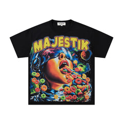 MAJESTIK Black Vintage Psychedelic Portrait Band‑Style Graphic T‑Shirt