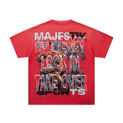 MAJESTIK Red Washed Vintage Sports Beast Double‑Sided Graphic Band‑Style T‑Shirt