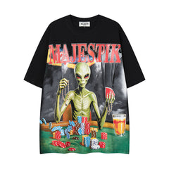 MAJESTIK Vintage Black Majestik Alien Graphic Short‑Sleeve T‑Shirt