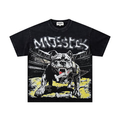 MAJESTIK Black Washed Vintage Roaring Tiger Double‑Sided Graphic Band‑Style T‑Shirt