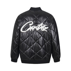 Black Diamond Quilted Bomber Jacket Script Logo Streetwear Padded Coat