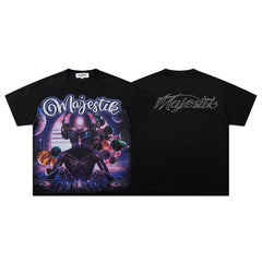 MAJESTIK Black Vintage Sci‑Fi Alien Mecha Band‑Style Graphic T‑Shirt