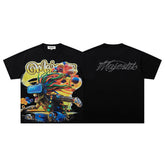 MAJESTIK Black Vintage Colorful Mecha Samurai Band‑Style Graphic T‑Shirt