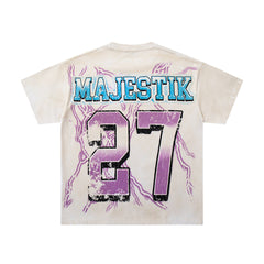 MAJESTIK Off‑White Washed Vintage Eagle Number 27 Athletic Double‑Sided Graphic Band‑Style T‑Shirt