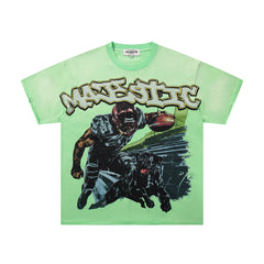MAJESTIK Light Green Washed Vintage Football Player Double‑Sided Graphic Band‑Style T‑Shirt