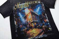 MAJESTIK Black Vintage Night Castle Band‑Style Graphic T‑Shirt