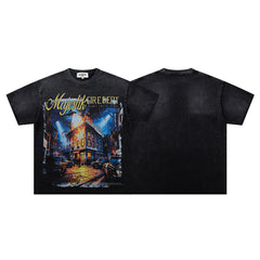 MAJESTIK Black Vintage Night Castle Band‑Style Graphic T‑Shirt