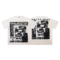 MAJESTIK Off‑White Washed Vintage Black‑White Collage Band‑Style Graphic T‑Shirt