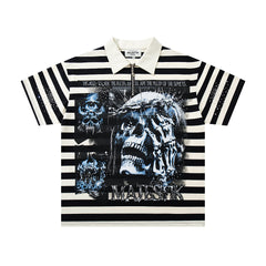 MAJESTIK Black White Stripe Vintage Portrait Graphic Polo Shirt