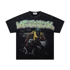 MAJESTIK Black Washed Vintage Double‑Sided Portrait Band‑Style Graphic T‑Shirt
