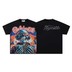 MAJESTIK Black Vintage Tropical Skull Band‑Style Graphic T‑Shirt