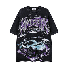 MAJESTIK Vintage Black Metal Concert Car Double‑Sided Graphic T‑Shirt