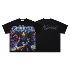 MAJESTIK Black Vintage Demon Fantasy Band‑Style Graphic T‑Shirt