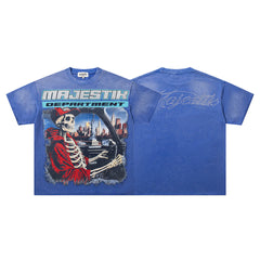 MAJESTIK Blue Washed Vintage Skeleton City Tour Graphic Band‑Style T‑Shirt