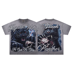 MAJESTIK Washed Grey Black Panther Vintage Graphic T‑Shirt