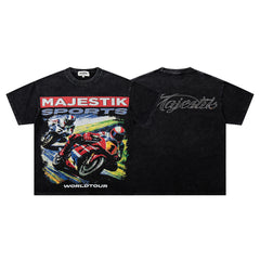 MAJESTIK Black Washed Vintage Motorcycle Racing Graphic Band‑Style T‑Shirt