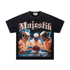 MAJESTIK Black Washed Vintage Astronaut Space Double‑Sided Graphic Band‑Style T‑Shirt