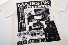 MAJESTIK Off‑White Washed Vintage Black‑White Collage Band‑Style Graphic T‑Shirt