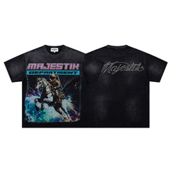 MAJESTIK Black Washed Vintage Knight‑Horse Double‑Sided Graphic Band‑Style T‑Shirt