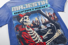 MAJESTIK Blue Washed Vintage Skeleton City Tour Graphic Band‑Style T‑Shirt
