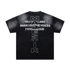 MAJESTIK Black Washed Vintage Text Collage Double‑Sided Graphic Band‑Style T‑Shirt