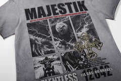 MAJESTIK Grey Black Washed Vintage Portrait Totem Double‑Sided Graphic Band‑Style T‑Shirt