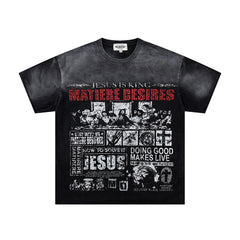 MAJESTIK Black Washed Vintage Text Collage Double‑Sided Graphic Band‑Style T‑Shirt