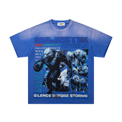 MAJESTIK Blue Washed Vintage Gorilla Band‑Style Graphic T‑Shirt