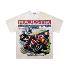 MAJESTIK Off‑White Washed Vintage Motorcycle Racing Graphic Band‑Style T‑Shirt