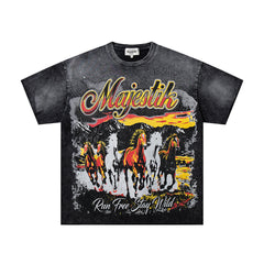 MAJESTIK Black Washed Vintage Western Cowboy Horse Rider Double‑Sided Graphic Band‑Style T‑Shirt