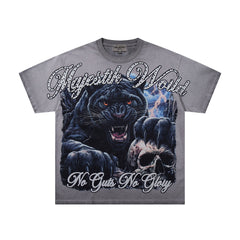 MAJESTIK Washed Grey Black Panther Vintage Graphic T‑Shirt