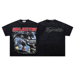 MAJESTIK Black Washed Vintage Motorcycle Racer Double‑Sided Graphic Band‑Style T‑Shirt